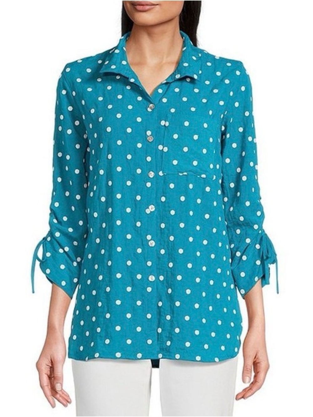 John Mark Woven Embroidered Dot Print Wire Collar 3/4 Sleeve Top NWT